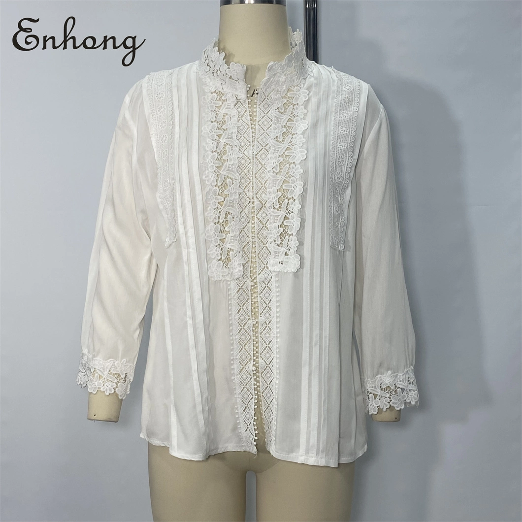 Wholesale White Office Ladies Stand Collar Tops Lace Ruffle Long Sleeve Blouse Shirt