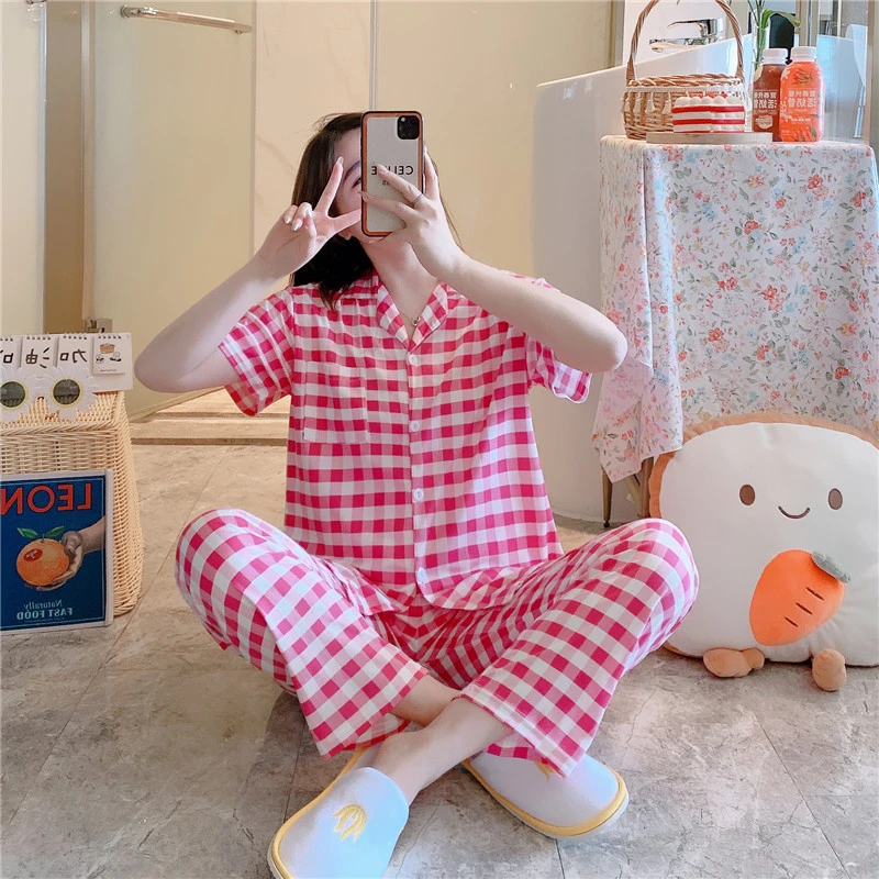 Wholesale Custom Spring Summer Short Sleeve Leisure Cute Teen Girls Sleepwear Cardigan Women Pajamas Set