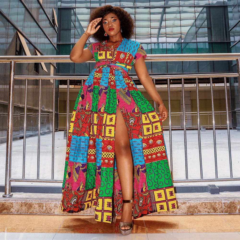2021 Wholesale Fashion Custom African Kitenge Dress Designs Plus Size off-Shoulder 100% Cotton Women Maxi Dress