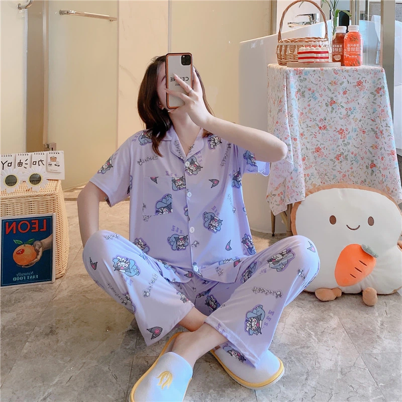 Wholesale Custom Spring Summer Short Sleeve Leisure Cute Teen Girls Sleepwear Cardigan Women Pajamas Set