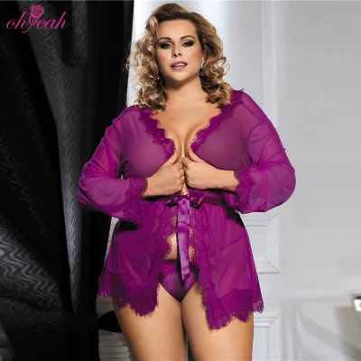 Tallas grandes Hot Sexy Purple Lace Sheer Mujeres Babydoll Ropa de dormir