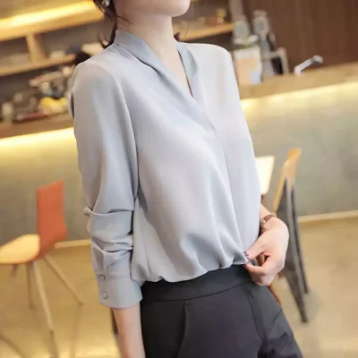 Nueva gran oferta para mujer primavera elegante gasa con cuello en V encaje manga larga Oficina señora blusa informal camisa