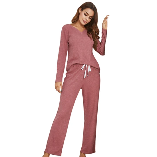 Otoño Invierno de manga larga con cuello en V Loungewear Conjunto de pijamas de dos piezas de mujer ropa de dormir