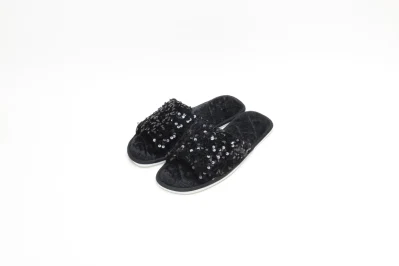 Punta abierta Brillo Lentejuelas Felpa Peluda Mula plana Interior Acogedor Fuzzy Zapatillas Slip One Negro 22as031-03