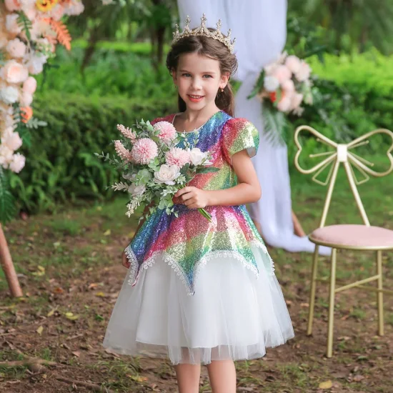 Ropa de diseñador para niños Bebé brillante Ropa de arco iris Vestido de fiesta de manga corta para niña pequeña