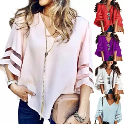 Nueva moda con cuello en V manga corta gasa Top blusas de mujer camisas de talla grande