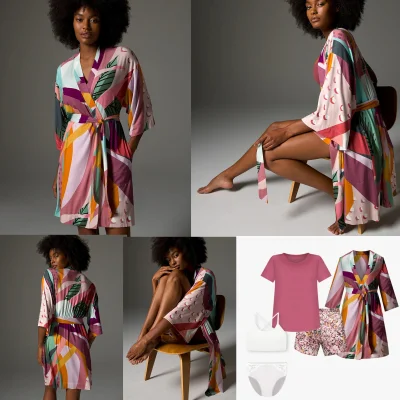 Fábrica China OEM Calidad superior Nuevo diseño Venta caliente Mujeres Damas Ropa de dormir Conjuntos de pijamas de seda Kimono Bata corta Ropa de dormir