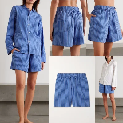 Fabricante de ropa de China, ropa de dormir de buena calidad para mujer, conjuntos de pijamas de seda, pantalones cortos de popelina de algodón orgánico a rayas, ropa de dormir