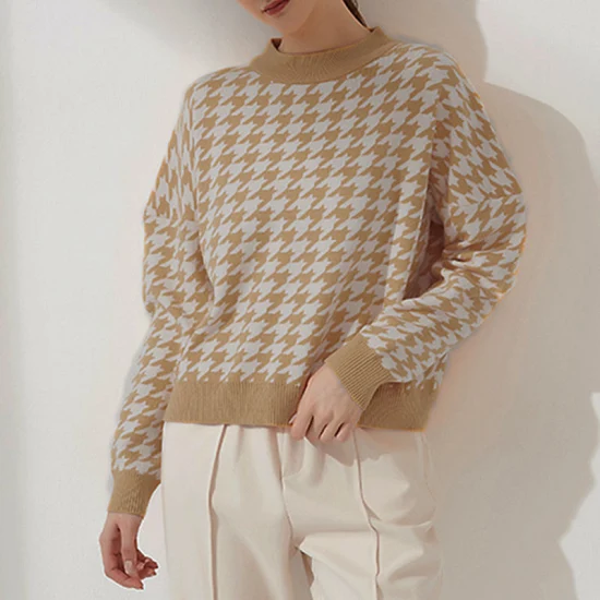 Otoño e Invierno Nuevo estilo Suéter de manga hinchada Short-Style Women' S Sweater Hickory Plaid Dress