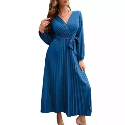 Nueva moda para mujer, vestidos plisados ​​de manga larga con cuello en V, cinturón con cordones de Color sólido, gran oferta de Europa, vestido largo informal elegante